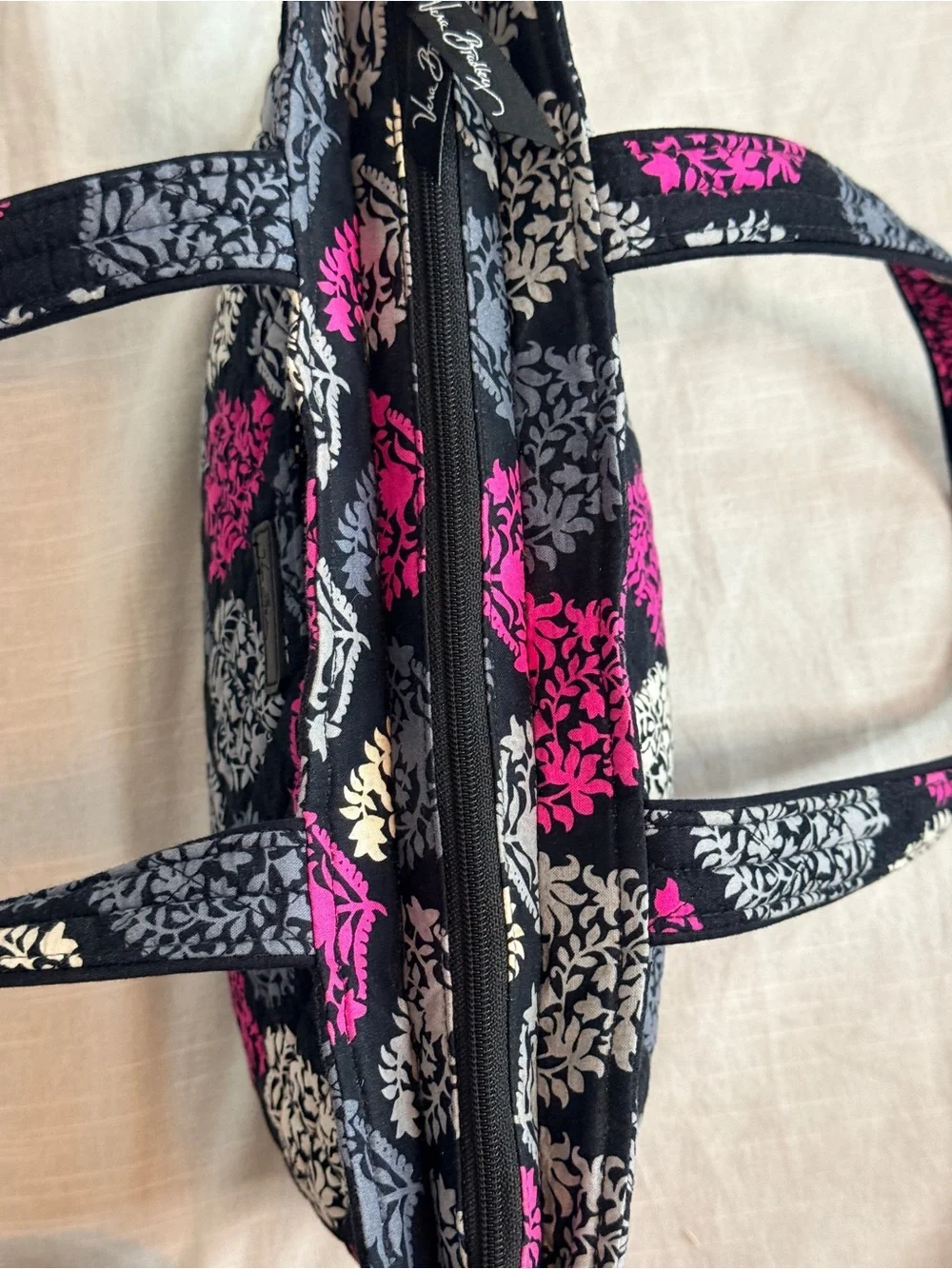 Vera Bradley Tote Shoulder Bag Northern Lights Black Pink Leaf Print Cotton